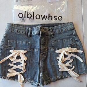 Lace-Up Denim Shorts - Blue